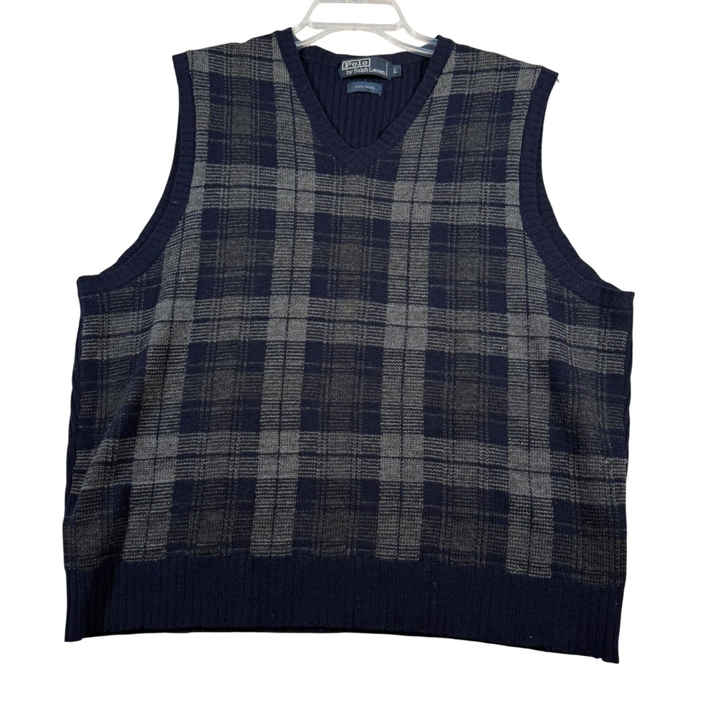 Vintage Polo Ralph Lauren Sweater Vest Mens Large Navy Blue Plaid 100% Wool